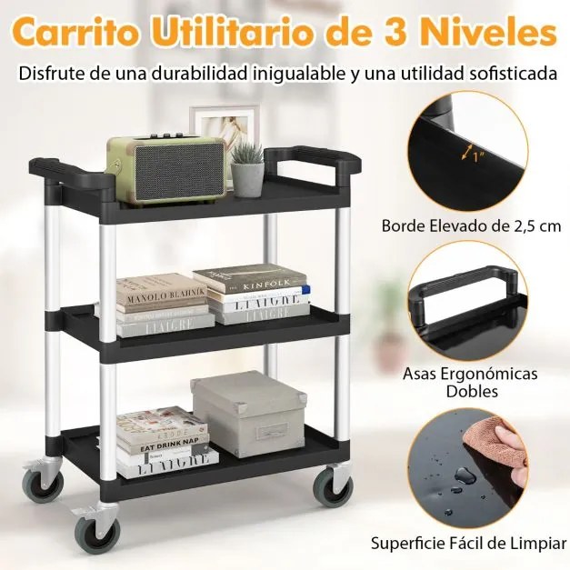 Carrinho multifuncional 80 x 41 x 97 cm de 3 níveis com rodas bloqueáveis e alças duplas, estrutura em alumínio para cozinha ou garagem, preto