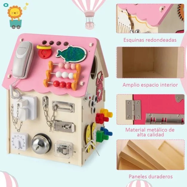 Casa de actividades em madeira com parque infantil sensorial e espaço de arrumação no interior Brinquedo educativo para 3+ anos 33 x 33 x 45 cm Rosa