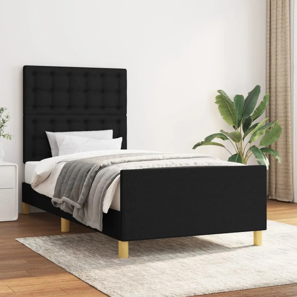 Estrutura de cama c/ cabeceira tecido 90x190 cm preto