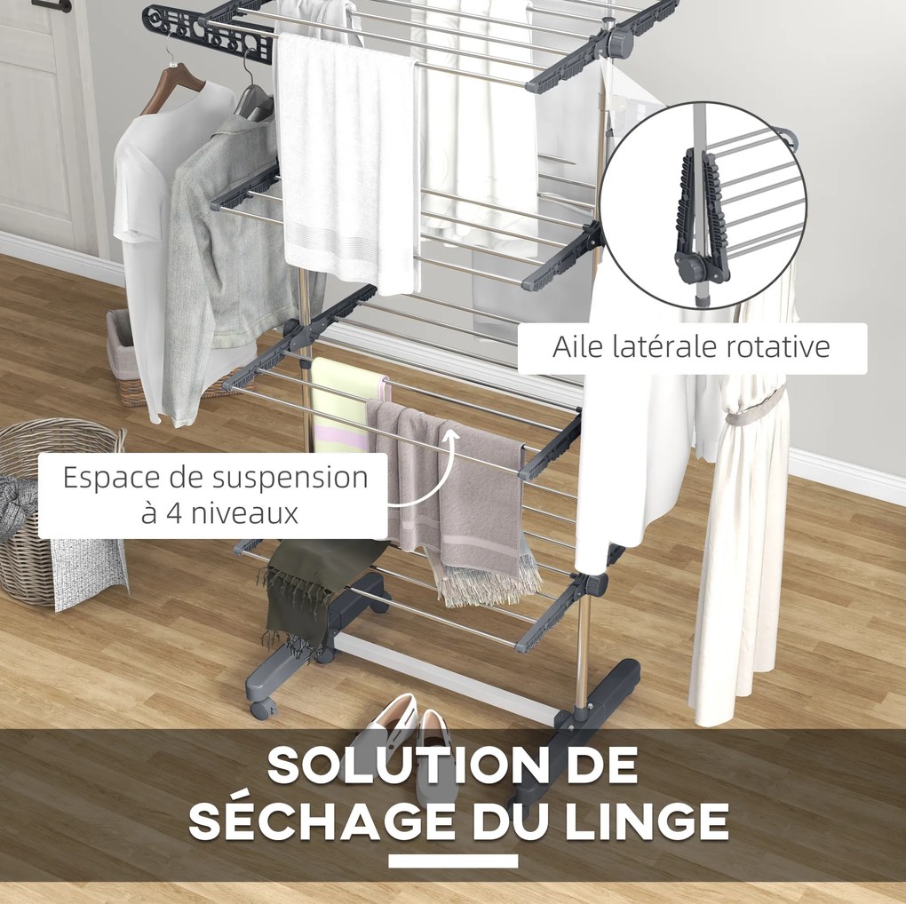 Estendal de roupa dobrável com abas laterais, para uso interior e exterior, 142 x 55 x 172 cm, 4 níveis, cinzento