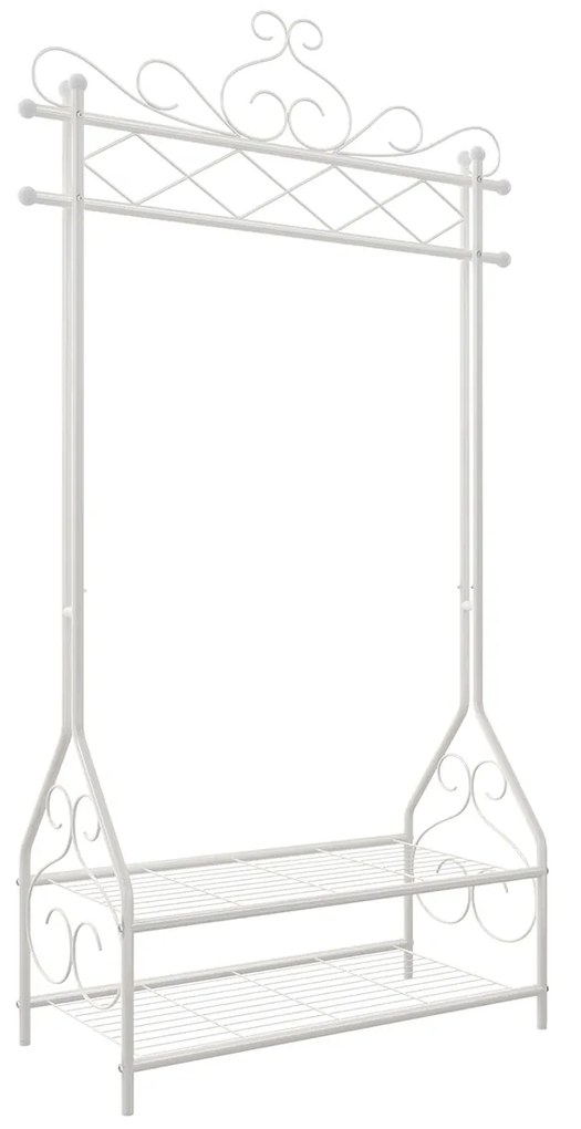 Aparador de roupas vintage com cabideiro e duas prateleiras metálicas | SONGMICS | 174,3 x 93 x 40,6 cm | branco | HSR07W.