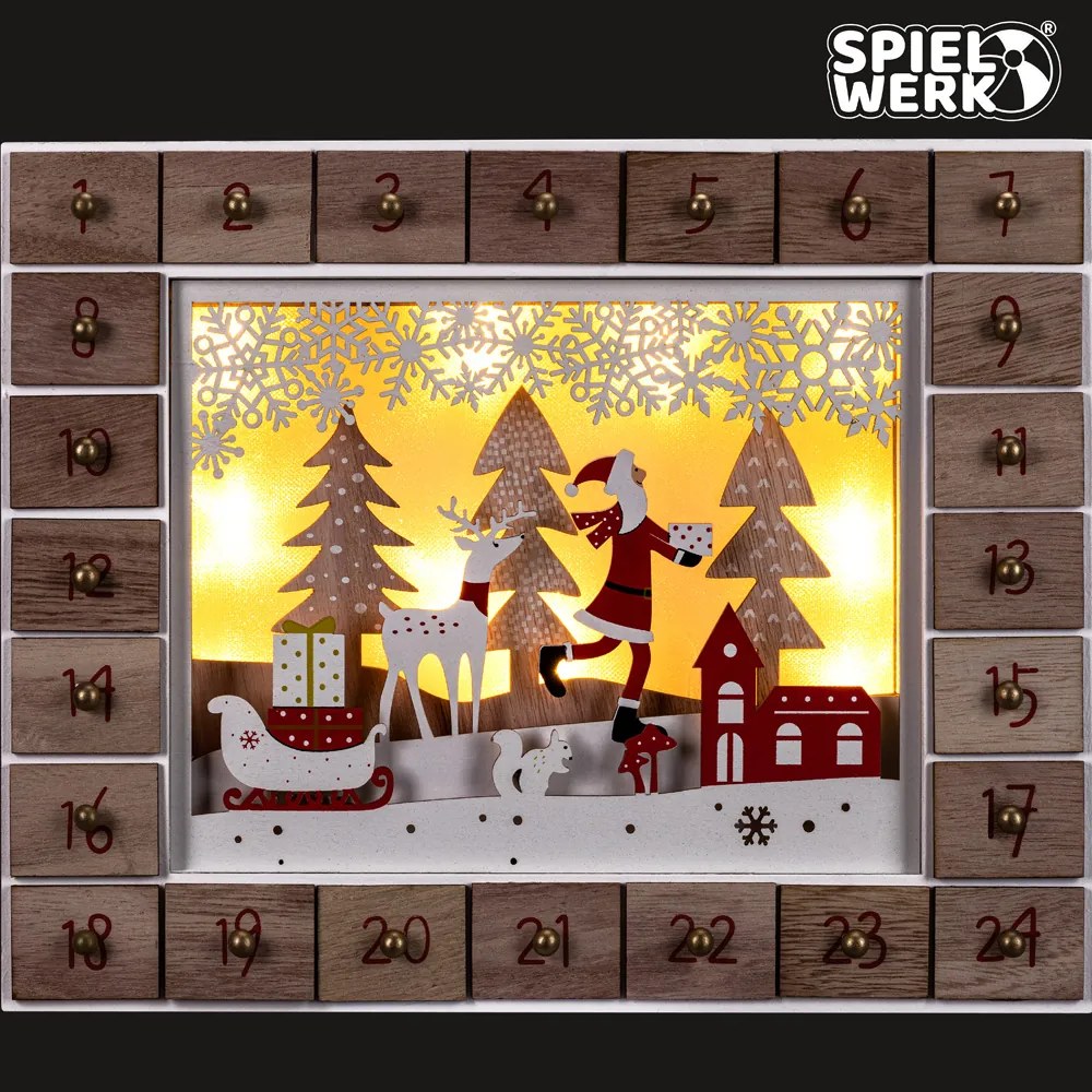 Calendário do Advento Pai Natal em madeira com LED 35 x 6 x 27 cm Branco quente + Castanho