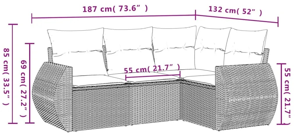 4 pcs conjunto sofás de jardim c/ almofadões vime PE cinzento