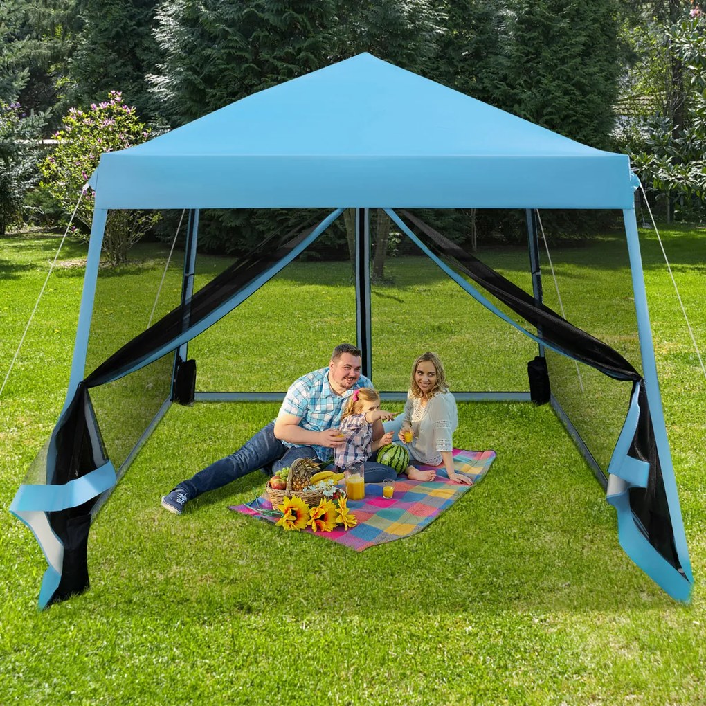Tenda dobrável instantânea para exterior 3x3m com 4 Sacos de areia, paredes laterais de altura ajustável para jardim ou praia Azul