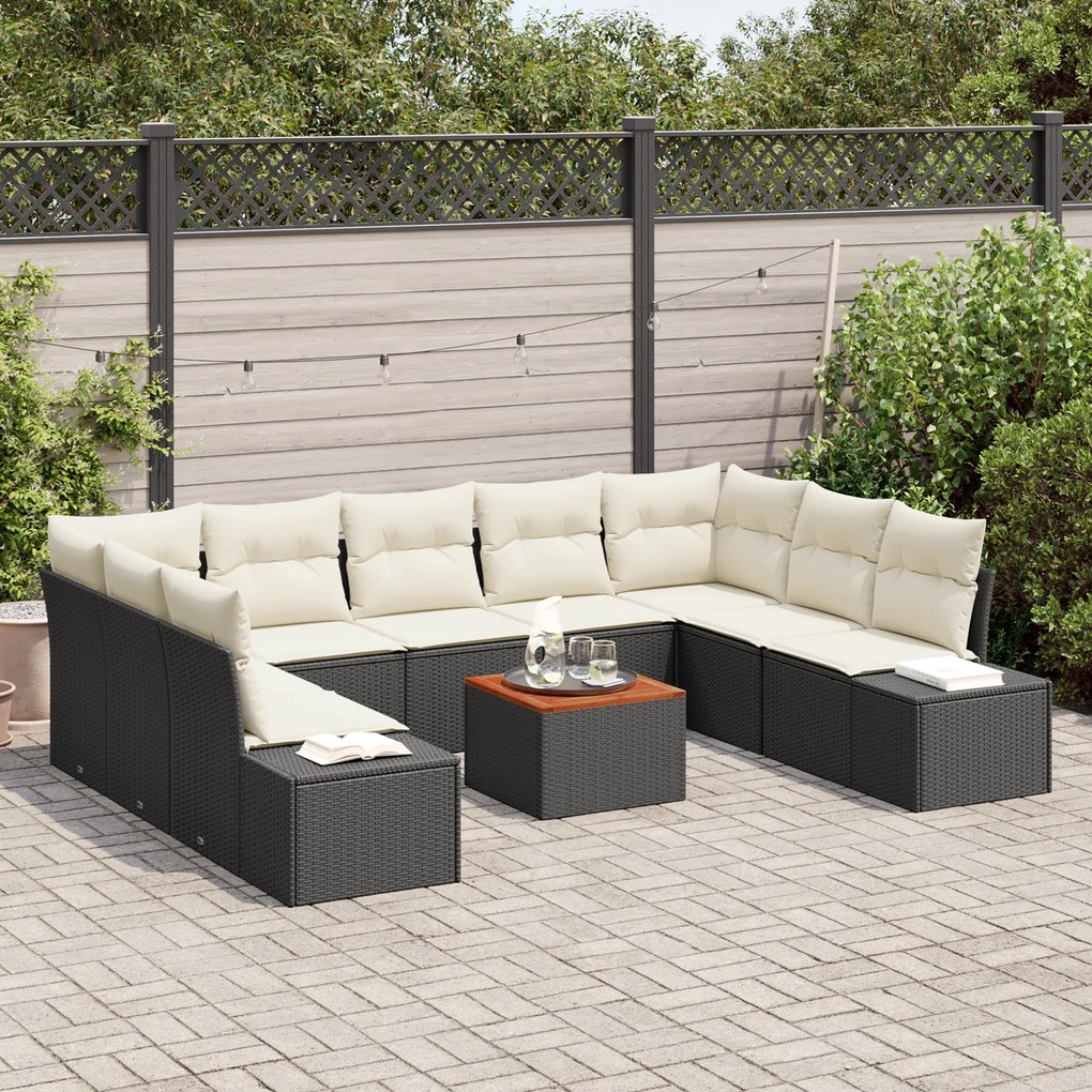 Conjunto de Sofá para Jardim 10 Peças com Almofadas Preto Polirattan A