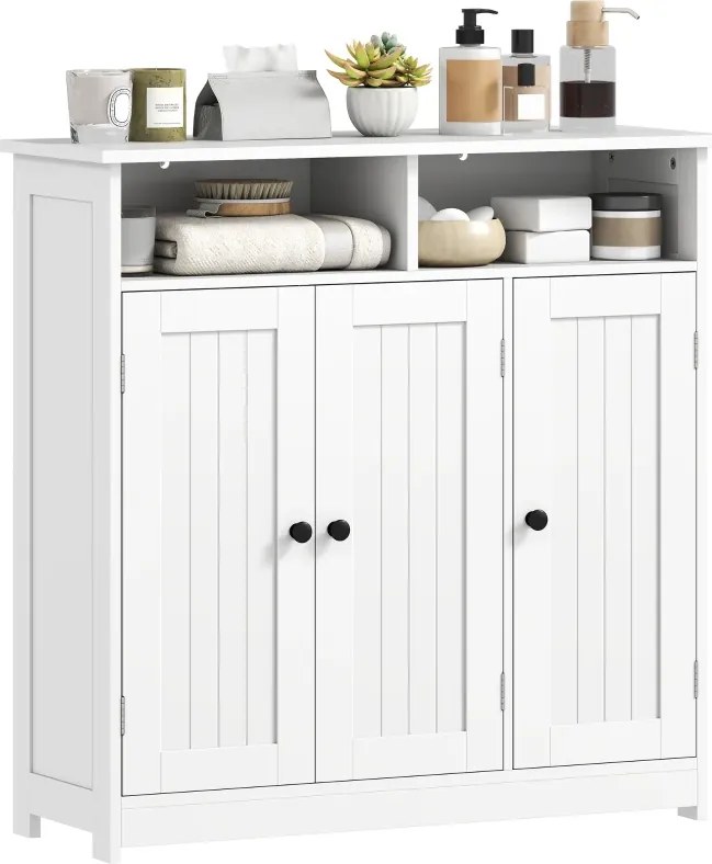 Armário de Casa de Banho Estreito com 3 Portas 2 Compartimentos Abertos Prateleira Ajustável 85x30x85 cm Branco