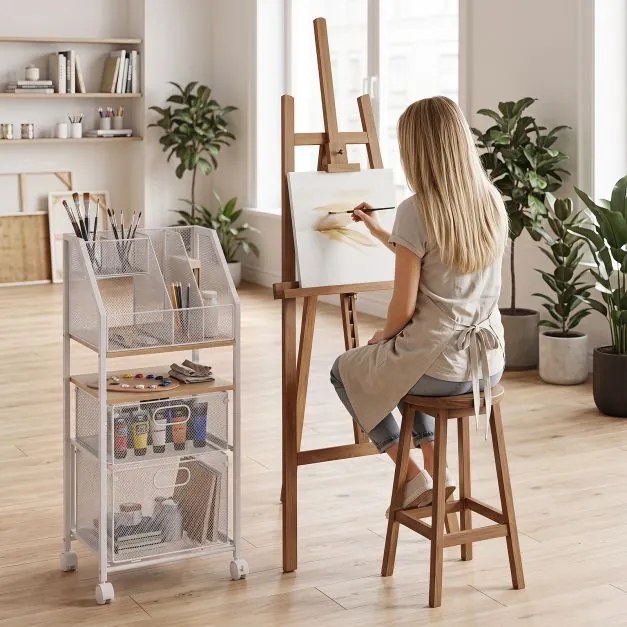 Carrinho de Arrumação, 37 x 26 x 84 cm, 2 Gavetas e Rodas com Travão, Branco