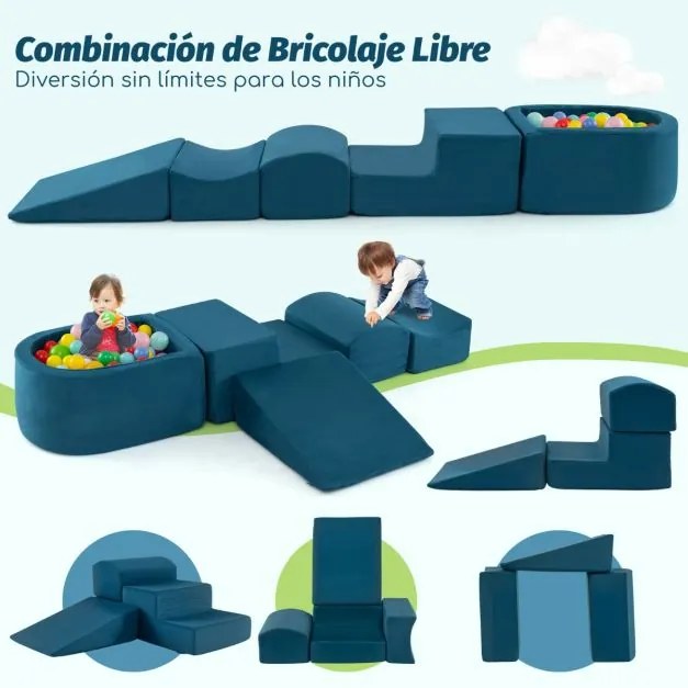 Conjunto de escalada e rampa de 5 peças para crianças Blocos de construção de esponja com piscina de bolas (NÃO INCLUIDAS) Capa lavável Criativo Azul