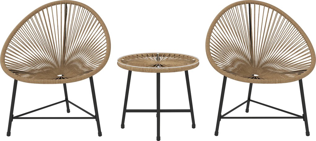 Outsunny Conjunto de mobiliário de jardim 3 peças, 2 cadeiras em rattan sintético, 1 mesa com tampo de vidro, estrutura em aço, mobiliário exterior, castanho claro | Aosom Portugal
