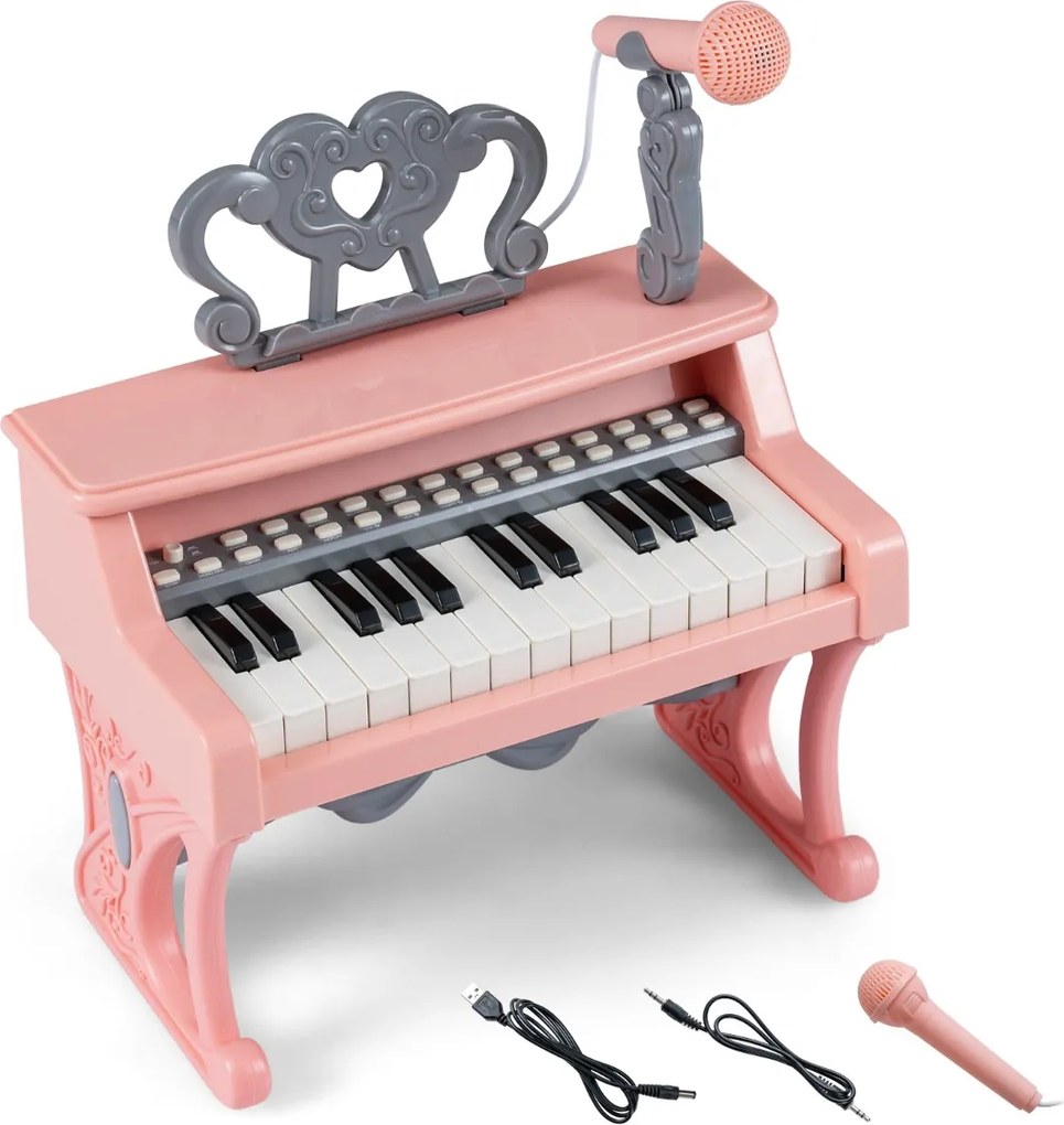 Piano de 25 teclas para crianças 30,5 x 17,5 x 32,5 cm com atril e microfone Brinquedo educativo para aprendizagem precoce 3+ anos Rosa