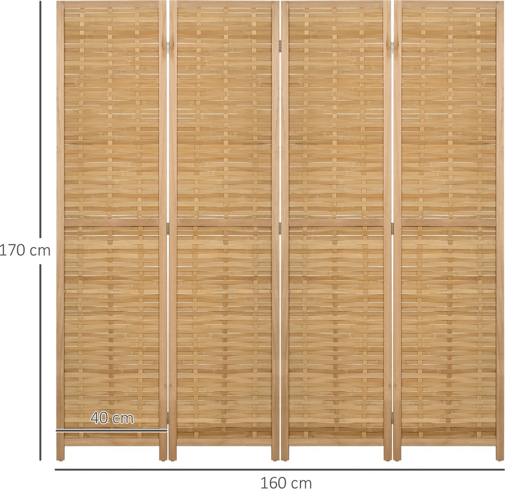 Biombos de madeira para divisão de espaços, divisória dobrável com 4 painéis de bambu, 160 x 170 cm, tom claro natural