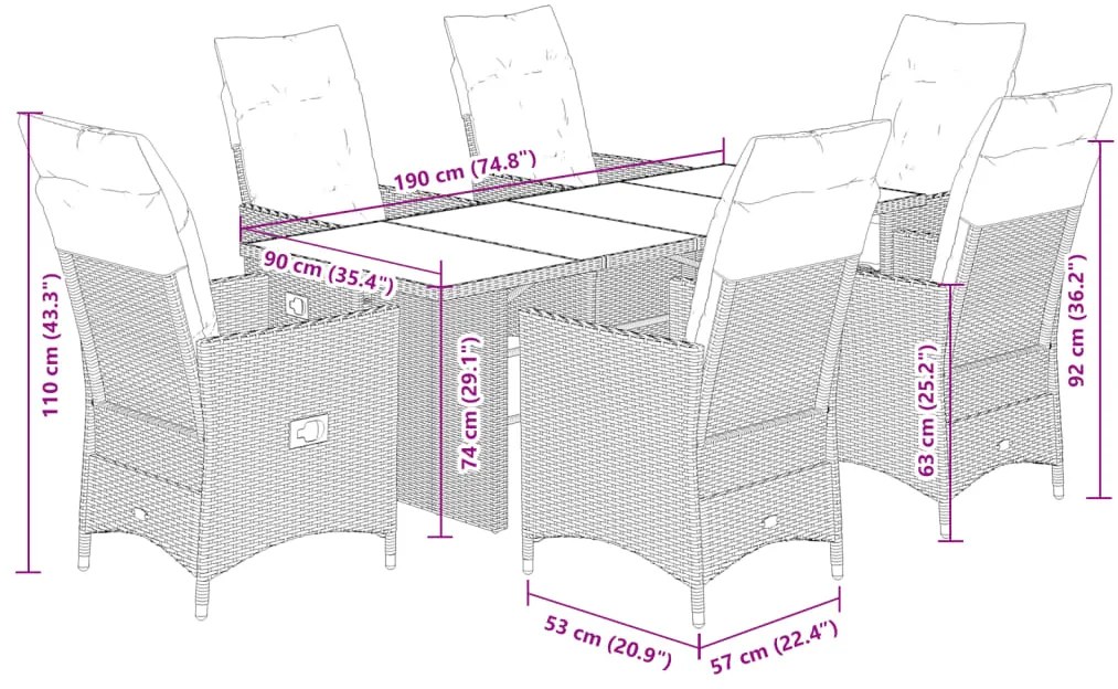 7 pcs conjunto de jantar p/ jardim c/ almofadões vime PE preto