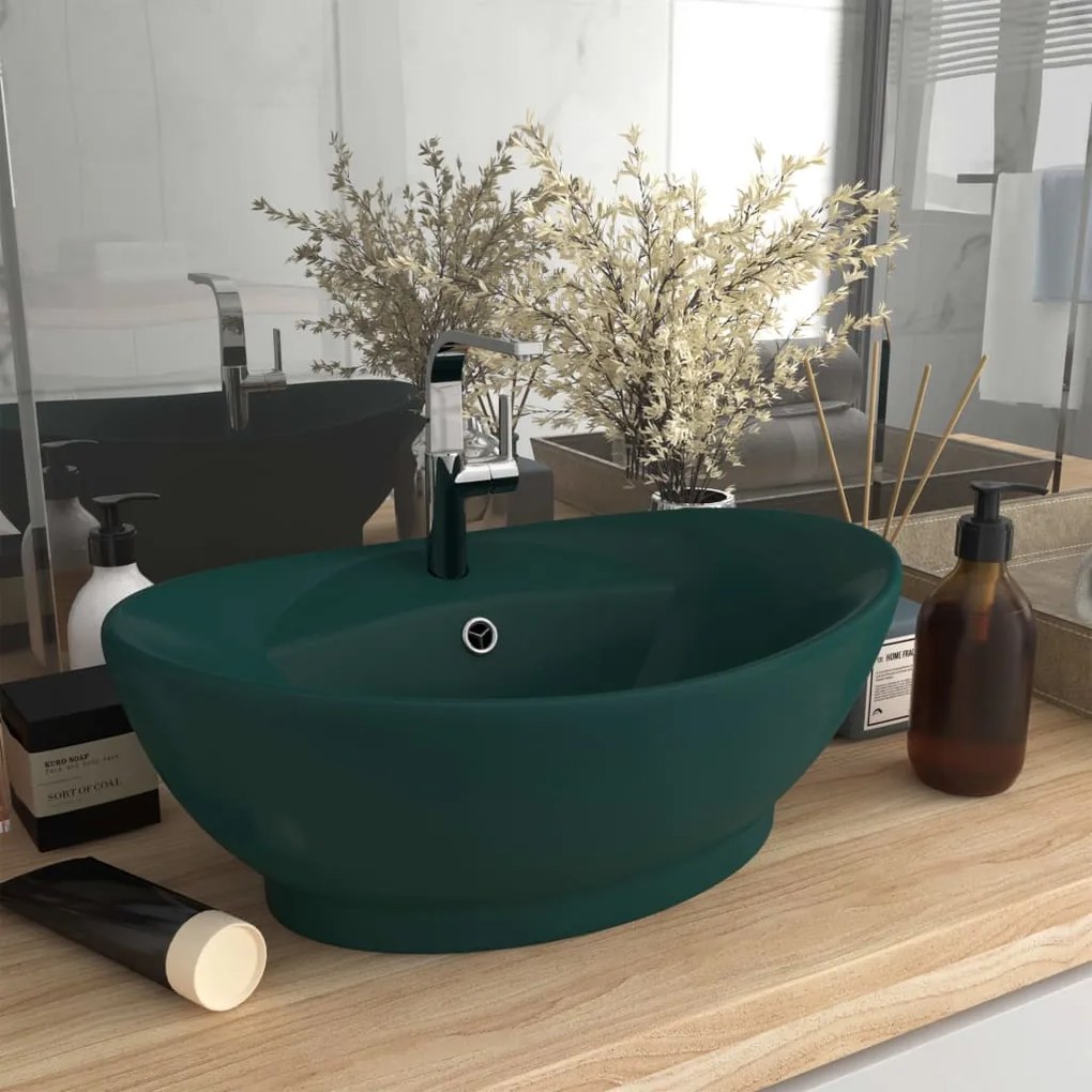 146937 vidaXL Lavatório luxuoso oval 58,5x39 cm cerâmica verde-escuro mate