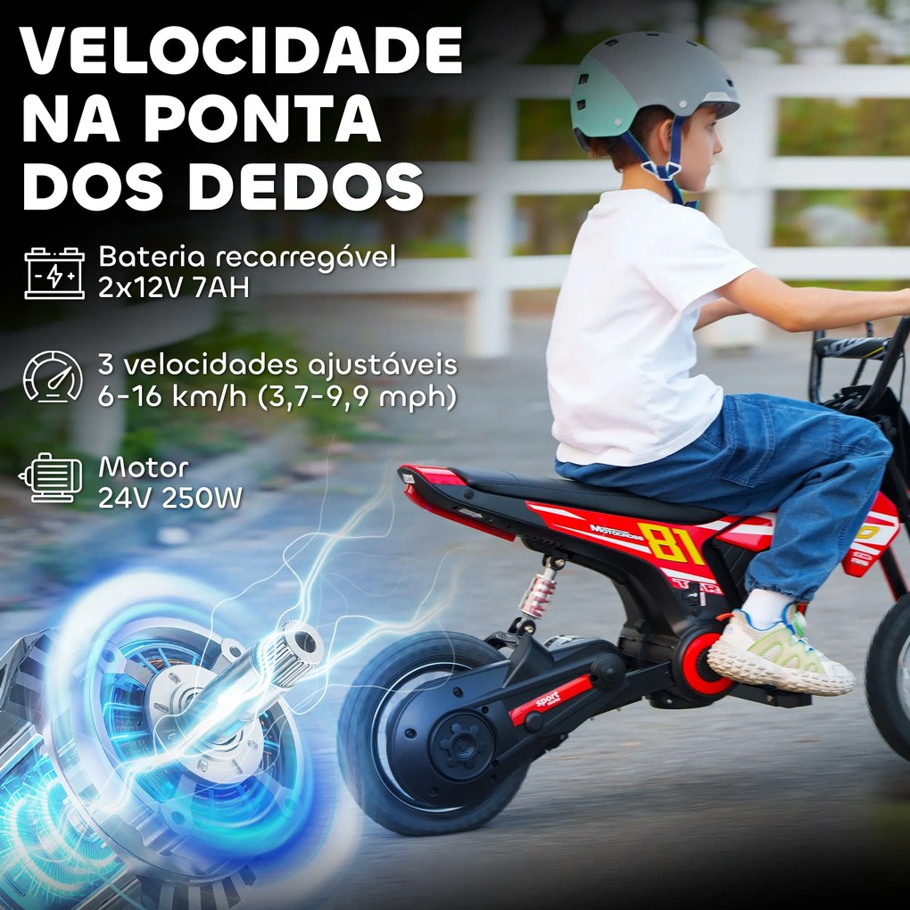Mota Elétrica para Crianças 24V com Motor 250W Velocidade de 6-16km/h Rodas de 30,5 cm para Crianças de 8-12 Anos Vermelho