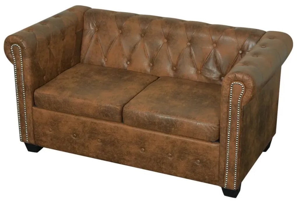 Sofá Chesterfield 2 lugares couro artificial castanho