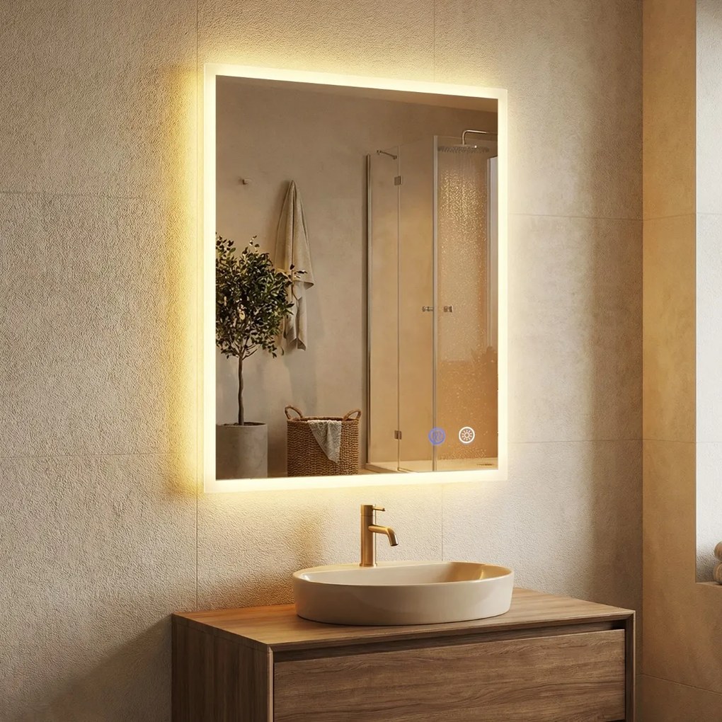 Espelho LED para casa de banho 70 x 50 cm retangular de parede com função antiembaciamento, memória, 3 cores de luz e controlo tátil Prata