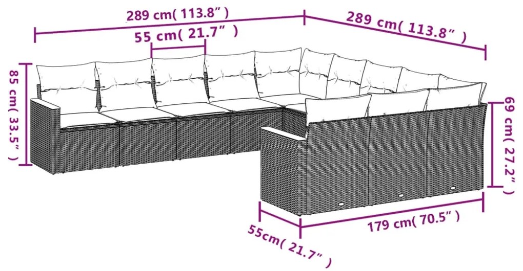 11 pcs conjunto sofás de jardim c/ almofadões vime PE cinzento