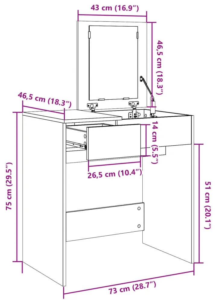 Toucador com espelho 73x46,5x120 cm cor carvalho sonoma