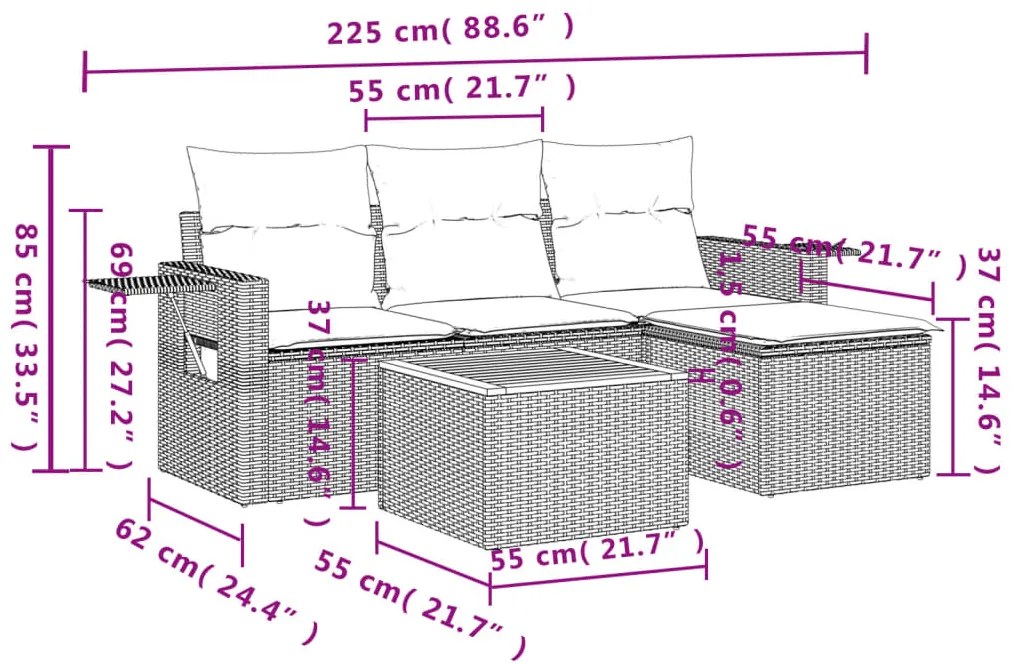 5 pcs conjunto sofás de jardim c/ almofadões vime PE cinzento