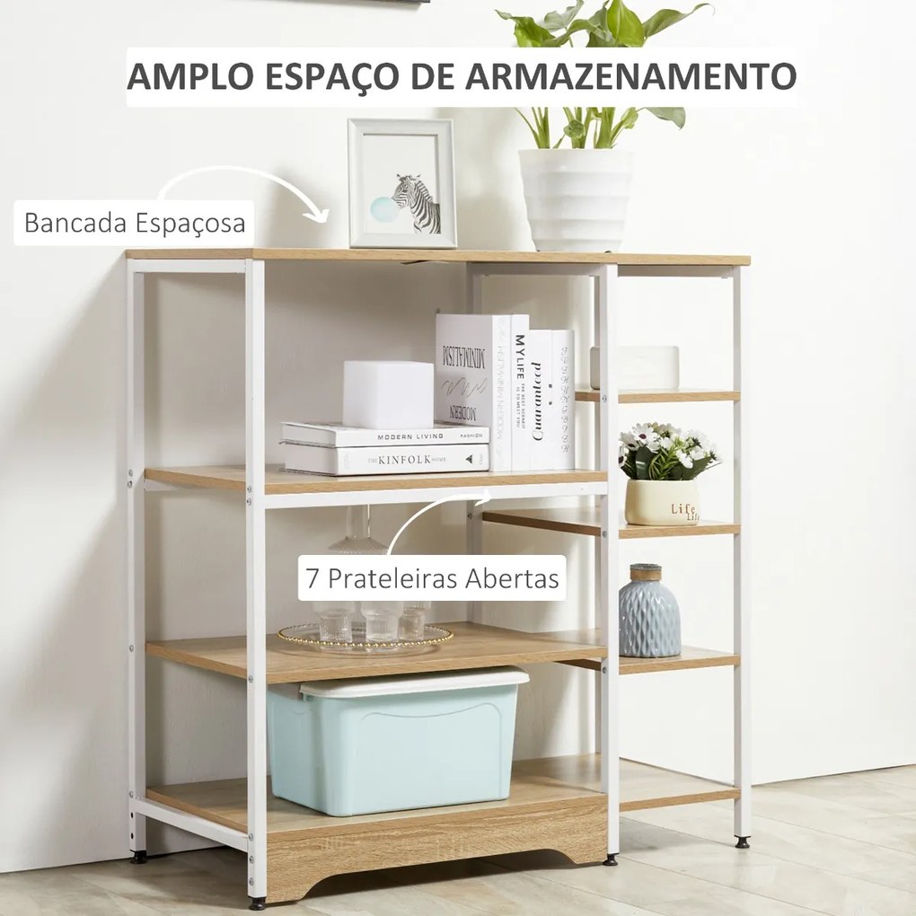 Estante de Cozinha Estante para Microondas Forno Multiuso com 7 Prateleiras de Armazenamento para Utensílios Livros Plantas 90x40x95cm Madeira Natural
