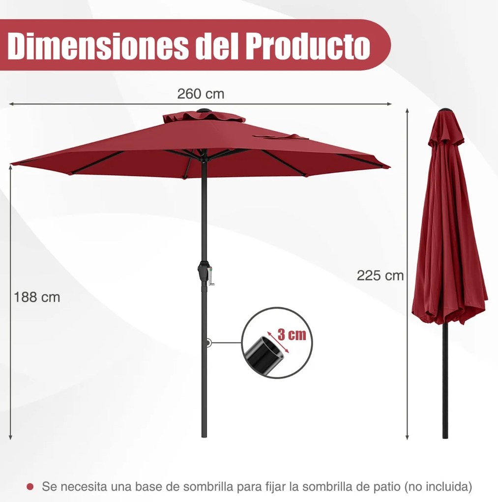 Guarda-sol de 260 cm com manivela (BASE NÃO INCLUIDA), 8 varas e parte superior ventilada com proteção solar para jardim, piscina ou pátio traseiro, V