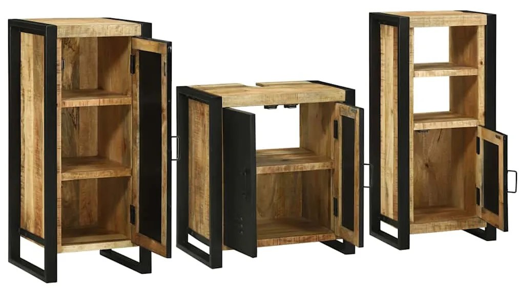 Conjunto de Móveis para Banheiro 3 pcs Madeira de manga maciça
