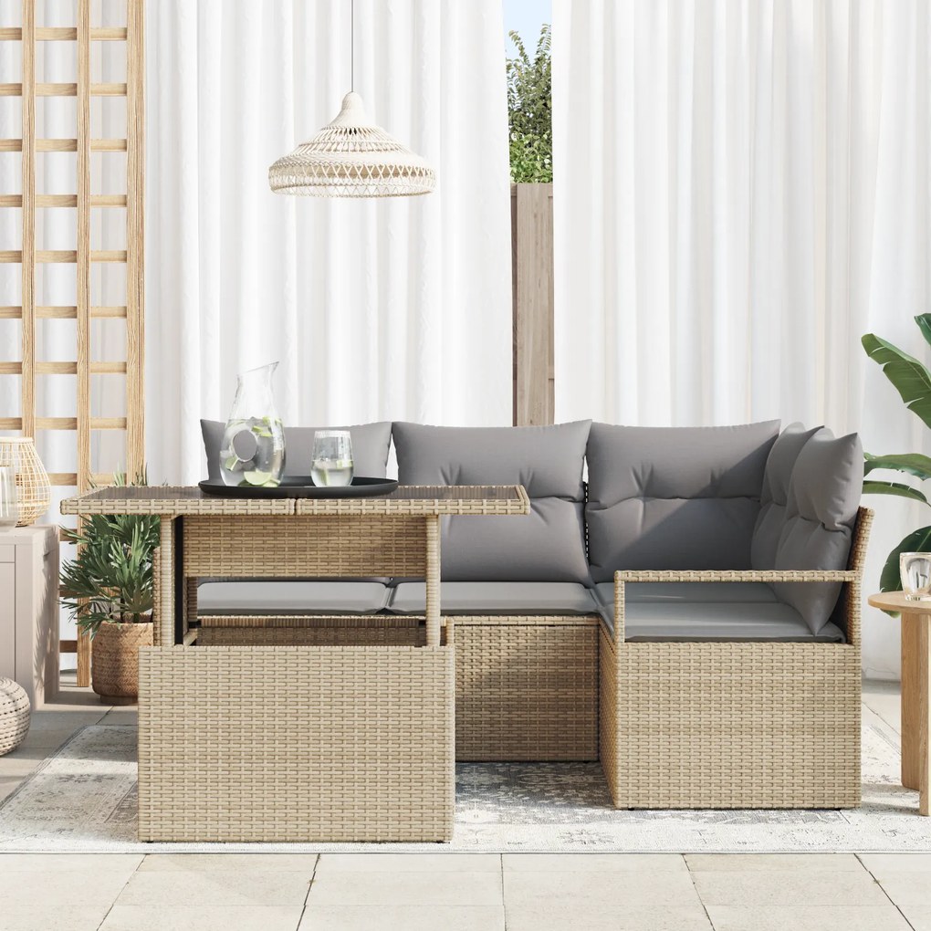 Conjunto de Sofás de Jardim de 5 Peças com Almofadas Bege de Rattan Po