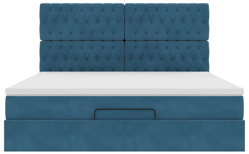 Estrutura de cama otomana com colchão azul escuro veludo