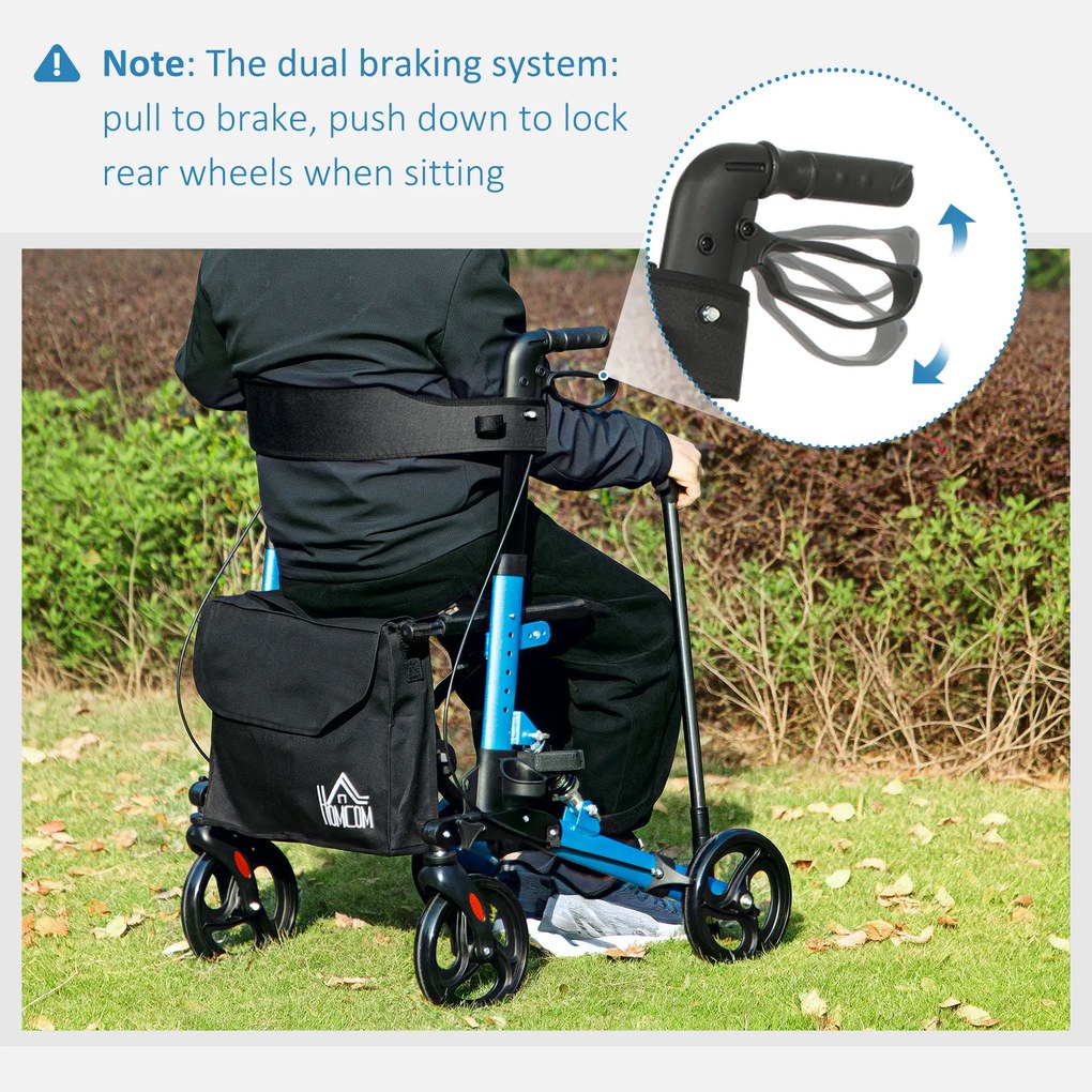 Andarilho Idosos Dobrável de Alumínio com Altura Ajustável Travão e Bolsa de Transporte 66x65x80-93 cm Preto e Azul