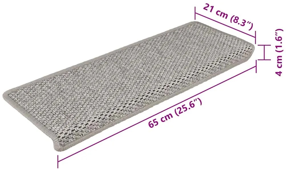 Tapetes escada adesivos aspeto sisal 15pcs 65x21x4 cm prateado