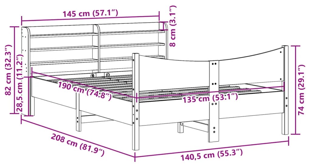 Estrutura cama c/ cabeceira 135x190 cm pinho maciço branco