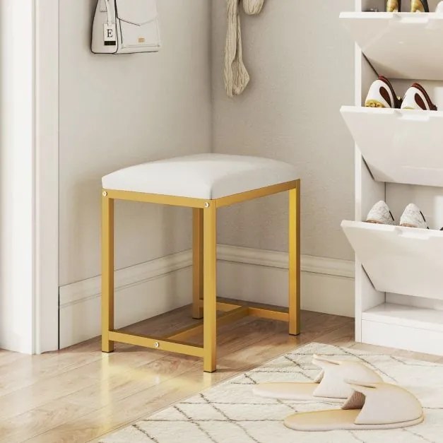 Banco de toucador 38 x 30 x 42 cm com almofada acolchoada e pernas de metal dourado para quarto, sala ou entrada Branco e dourado