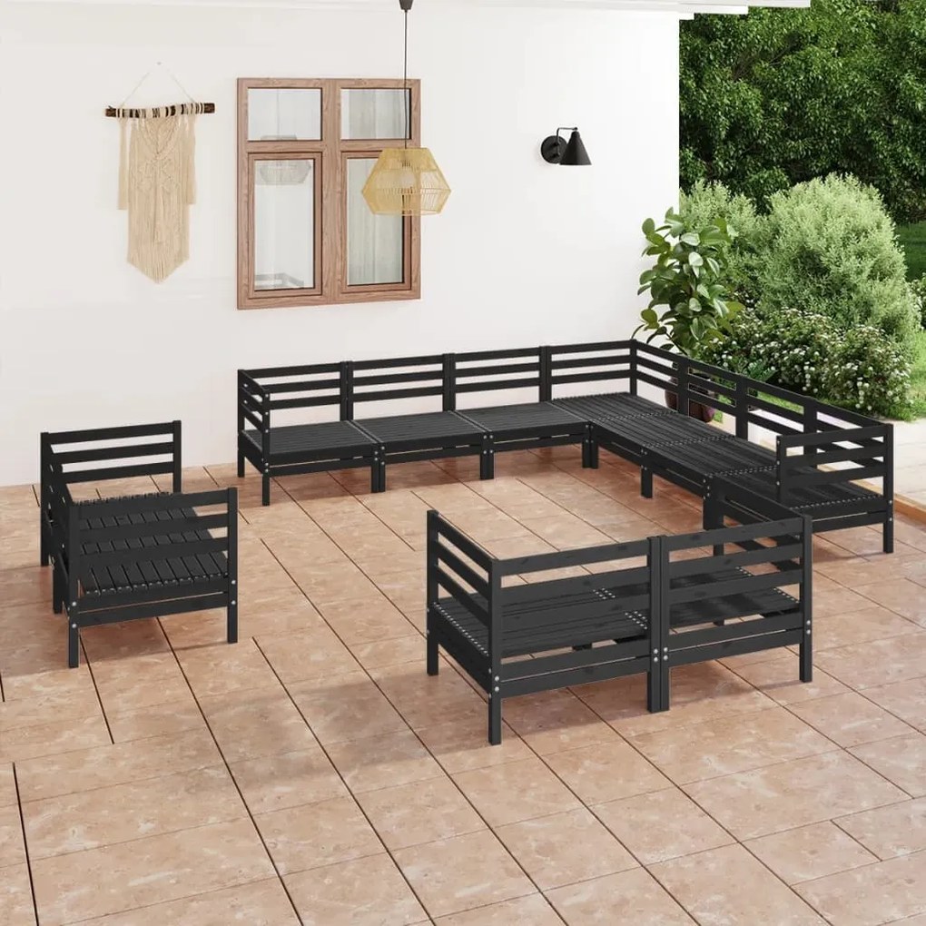 vidaXL 11 pcs conjunto lounge de jardim pinho maciço preto