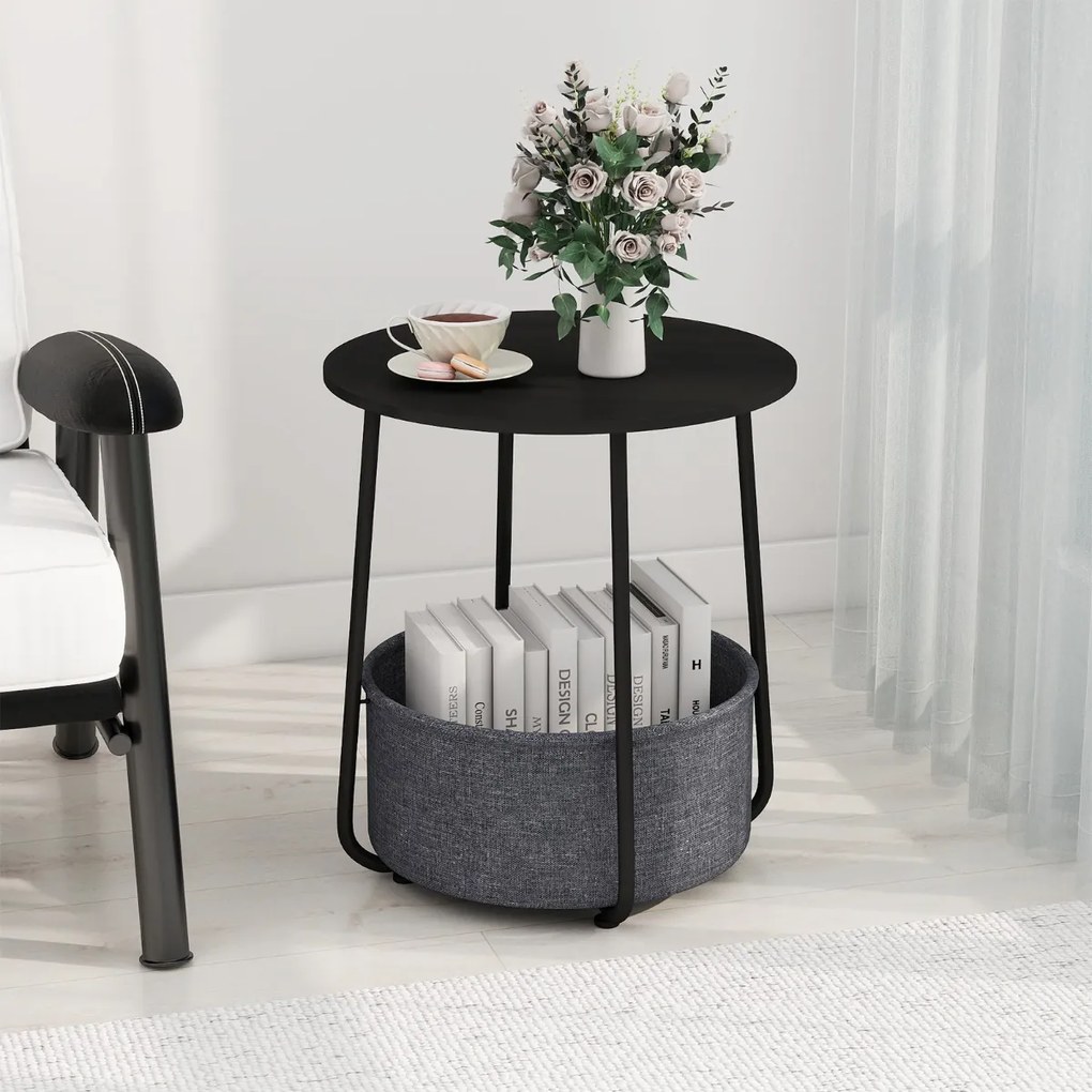 Mesa apoio, Mesa de cabeceira redonda 45 x 45 x 50,5 cm de 2 níveis com cesto de armazenamento em tecido pequena moderna Preta