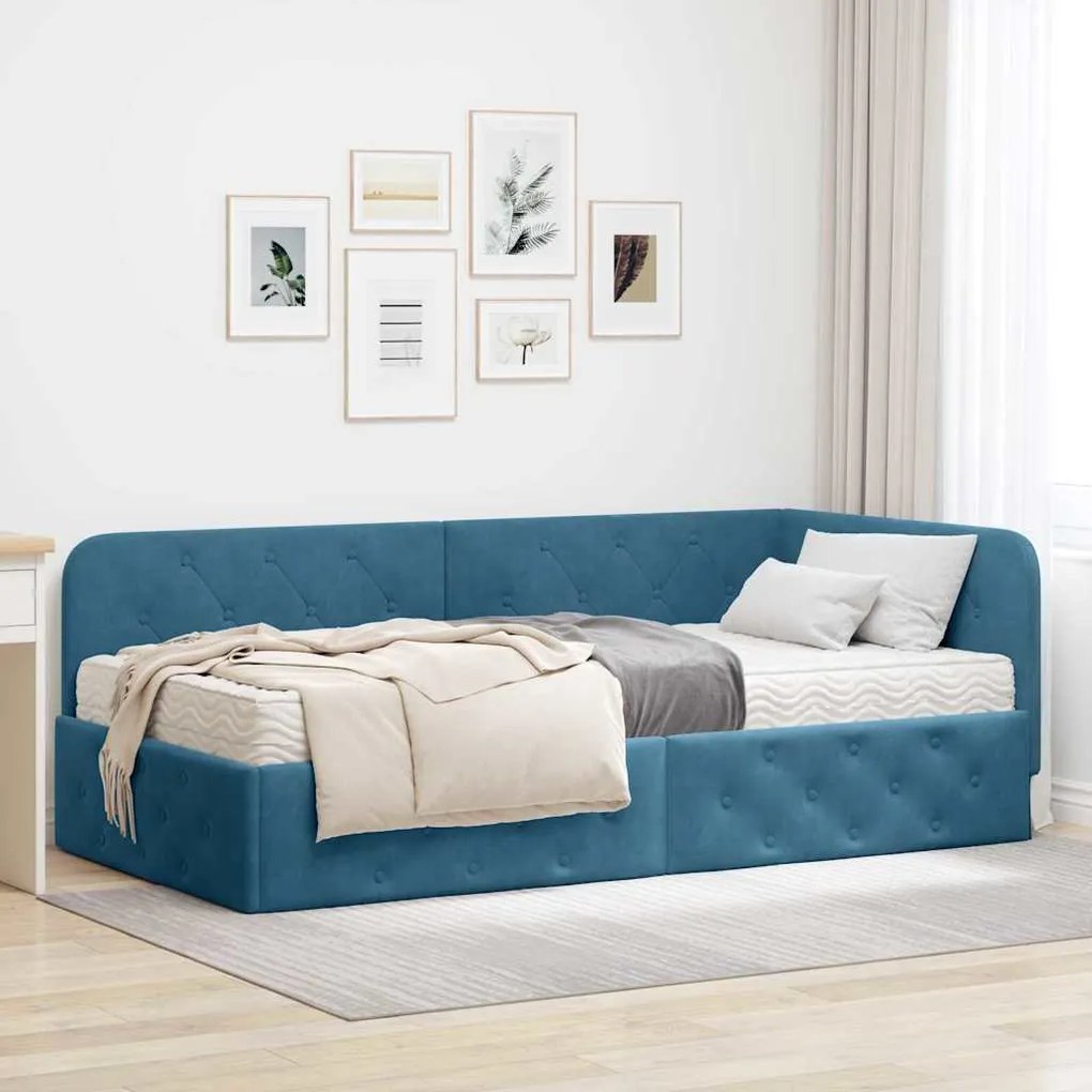 vidaXL Estrutura de Cama de Canto com colchão Azul 100 x 200 cm Veludo