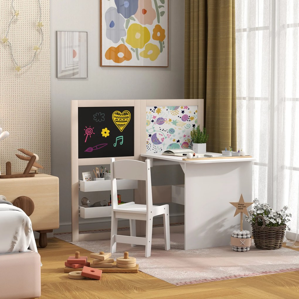 Mesa infantil com cadeira 3 em 1, com cavalete dobrável, prateleiras de arrumação e rolo de papel - 3 a 8 anos, branco