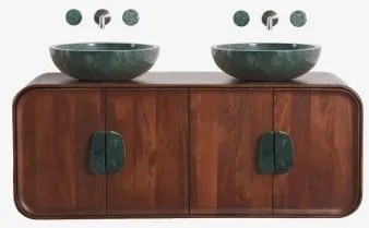 Conjunto De Móvel De Casa De Banho Dupla Suspensa 130x45 Cm Em Madeira De Manga E Pedra Natural Kivalina Sem Espelho & Mármore Verde Udaipur - Madeira