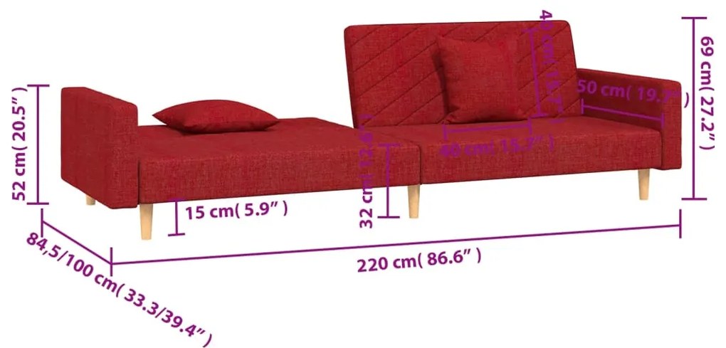 Sofá-cama 2 lugares com duas almofadas tecido vermelho tinto