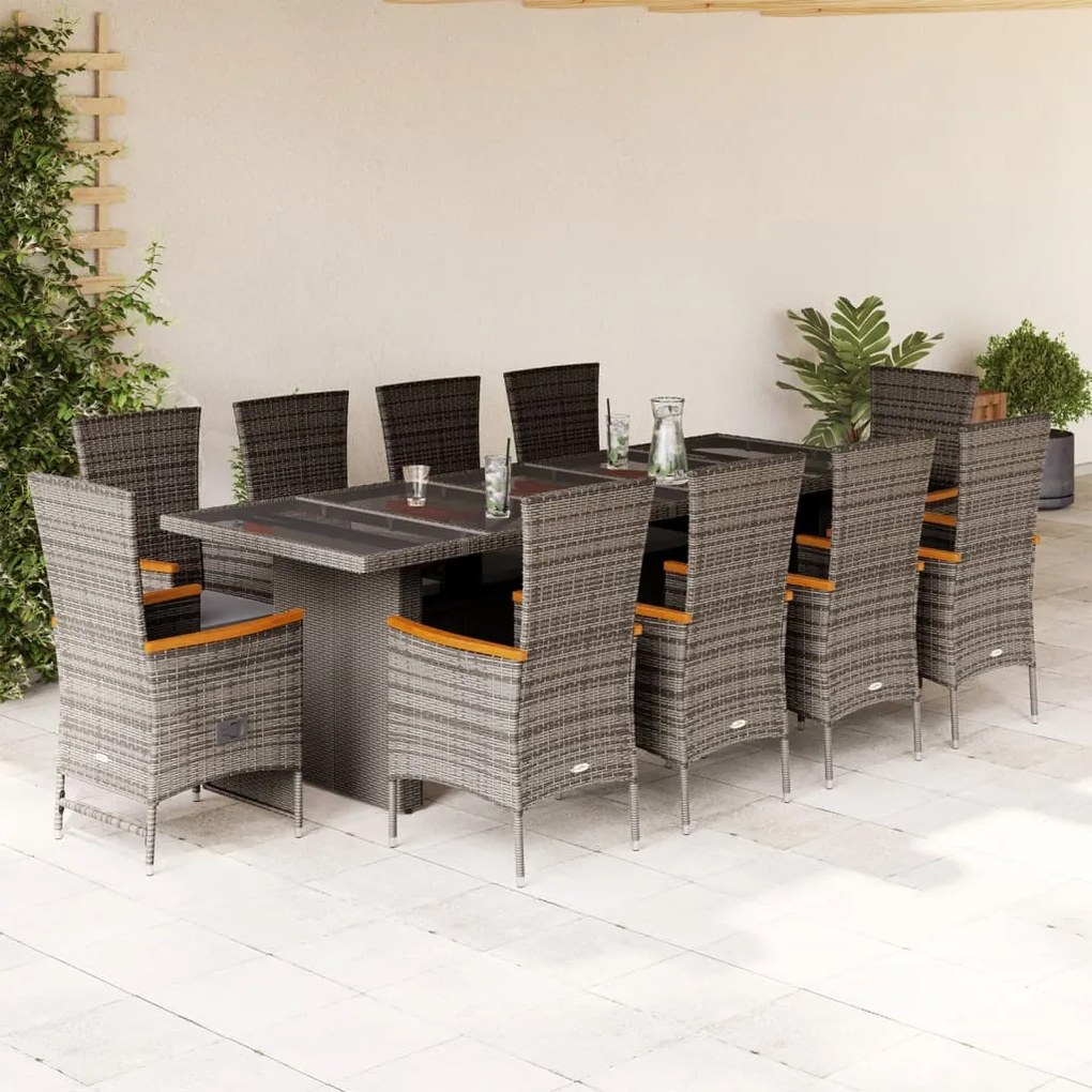 vidaXL 11 pcs conjunto jantar p/ jardim c/ almofadões vime PE cinzento