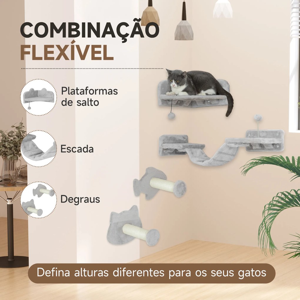 Conjunto de Prateleiras de Escalada para Gatos de 4 Peças com 2 Postes de Sisal e Plataforma para Saltar Bege