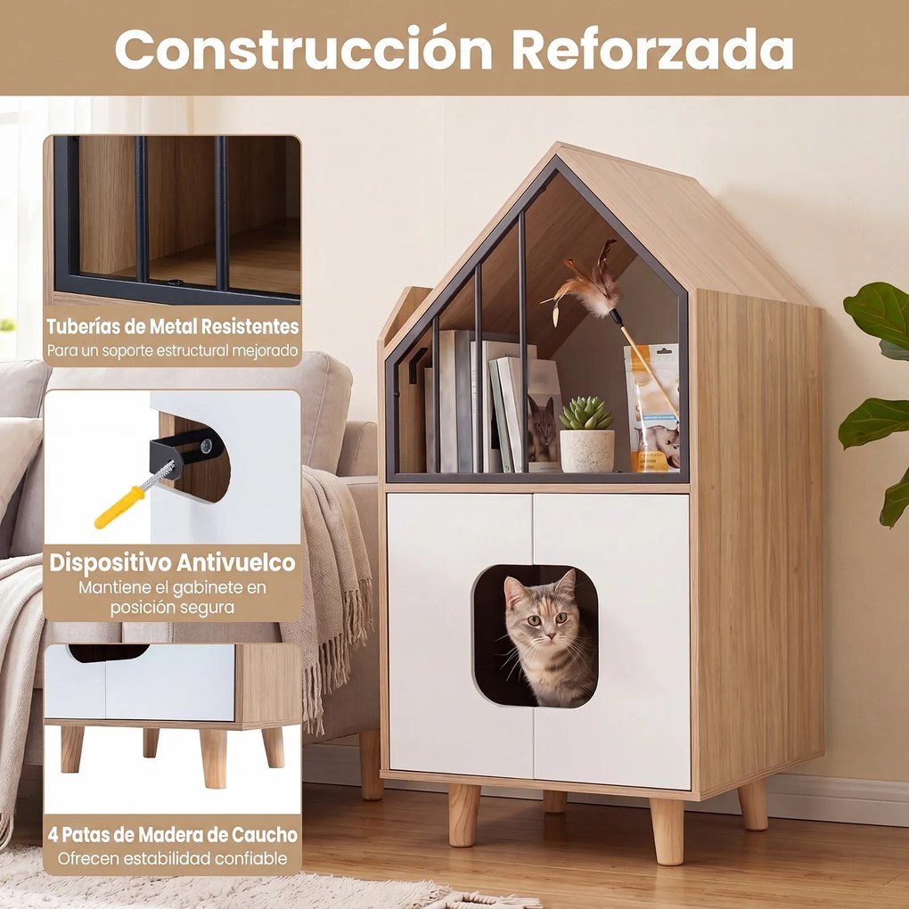 Móvel para Gato com Refúgio e Armário para caixa areia (CAIXA AREIA NÃO INCLUIDA), 50 x 48,5 x 100 cm, Design de Dois Níveis, Natural e Branco