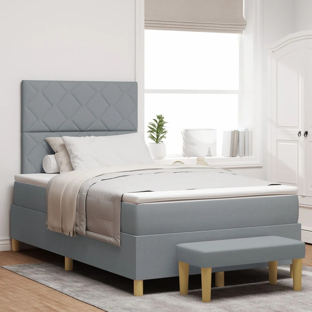 Cama Box Spring com Colchão e Banco Cinza Claro 120x200 cm Tecido