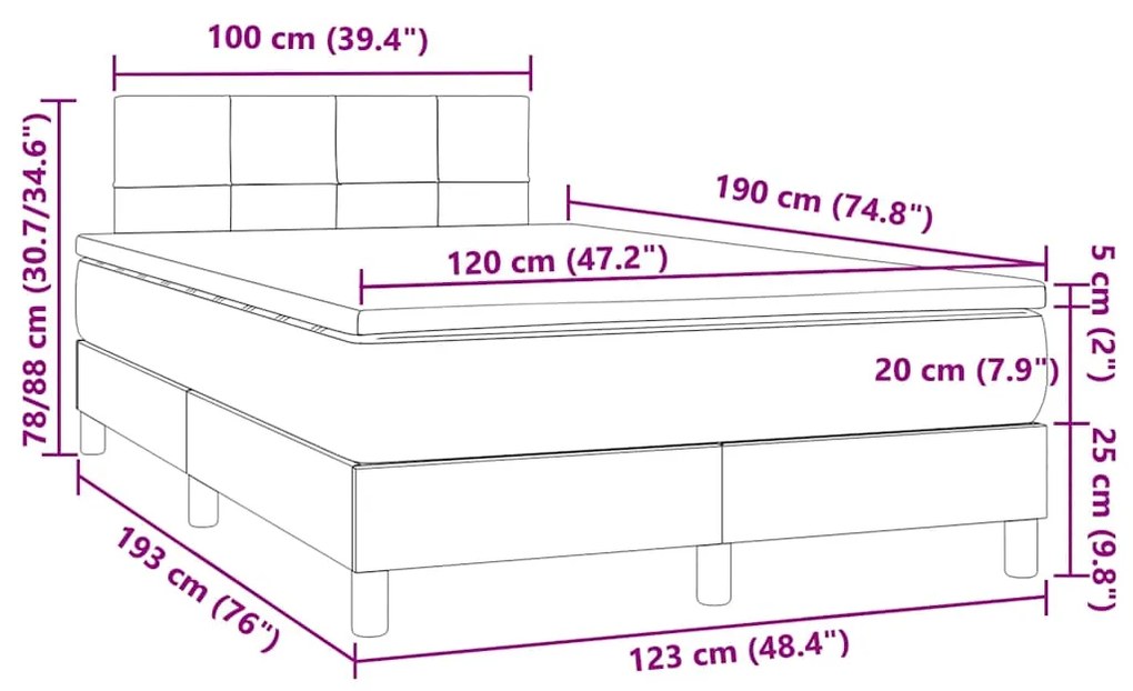 Cama box spring colchão LED 120x190 cm couro artif. cinza-claro
