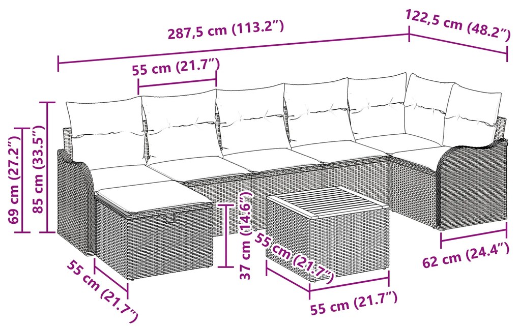 Conjunto de Sofás de Jardim vidaXL 8 Peças com Almofadas Bege Rattan P