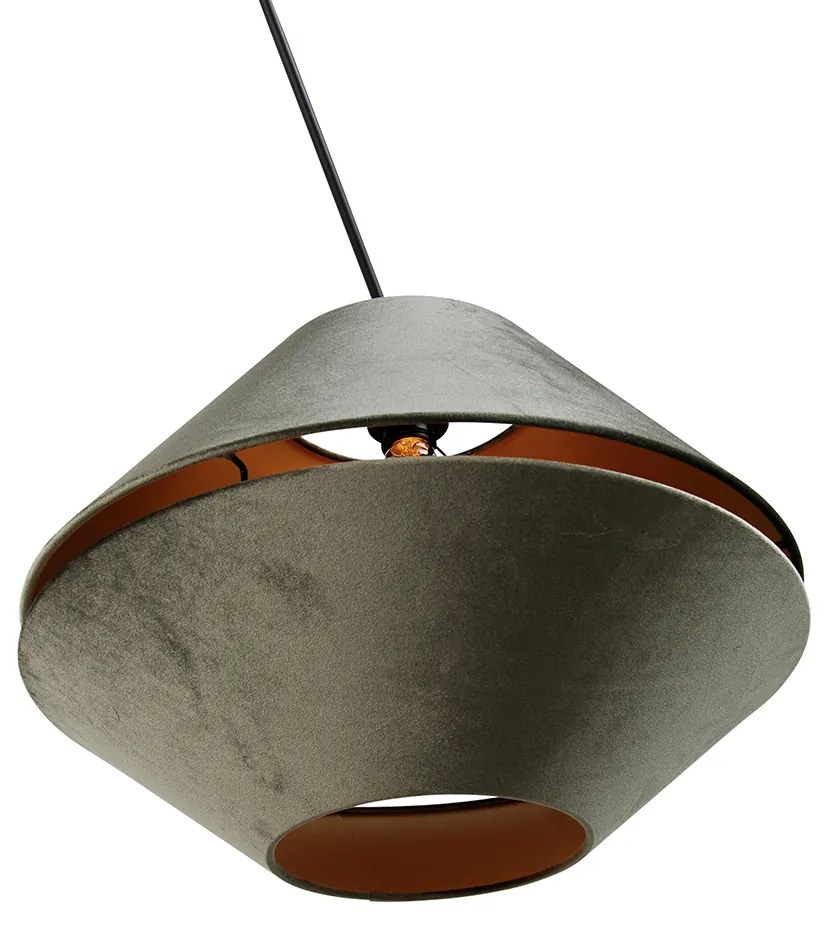 Candeeiro Pendente Preto com Abajur Duplo em Veludo Verde e Interior Dourado - Blitz Clássico / Antigo,Moderno
