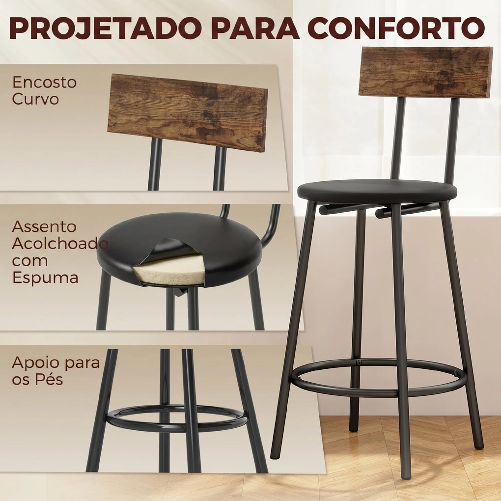 Conjunto 2 Bancos de Bar com Encosto e Apoio de Pés Estofados em PU 41x47x92 cm Preto