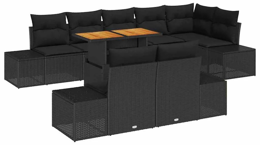 Conjunto de Jantar de 9 Peças com Almofadas Pretas em Rattan Sintético