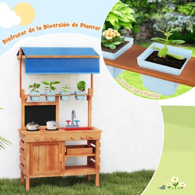 Cozinha de brincar em madeira com toldo ajustável Ardósia ajustável Copos de plantação Fogões Fogão Lava-loiça Forno e gaveta exterior