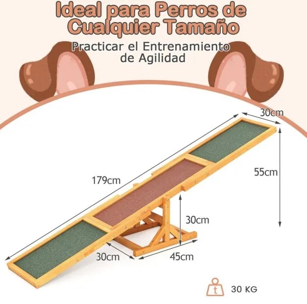 Baloiço de agilidade para cães 179 x 30 x 55 cm, com rampa antiderrapante para animais de estimação, para uso interno e externo, amarelo