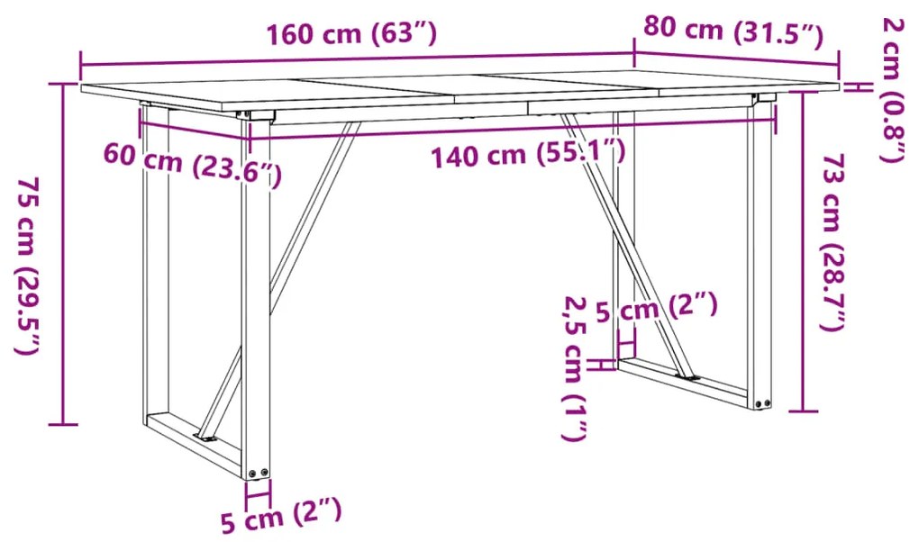 Mesa de jantar estrutura em O 160x80x75cm pinho e aço
